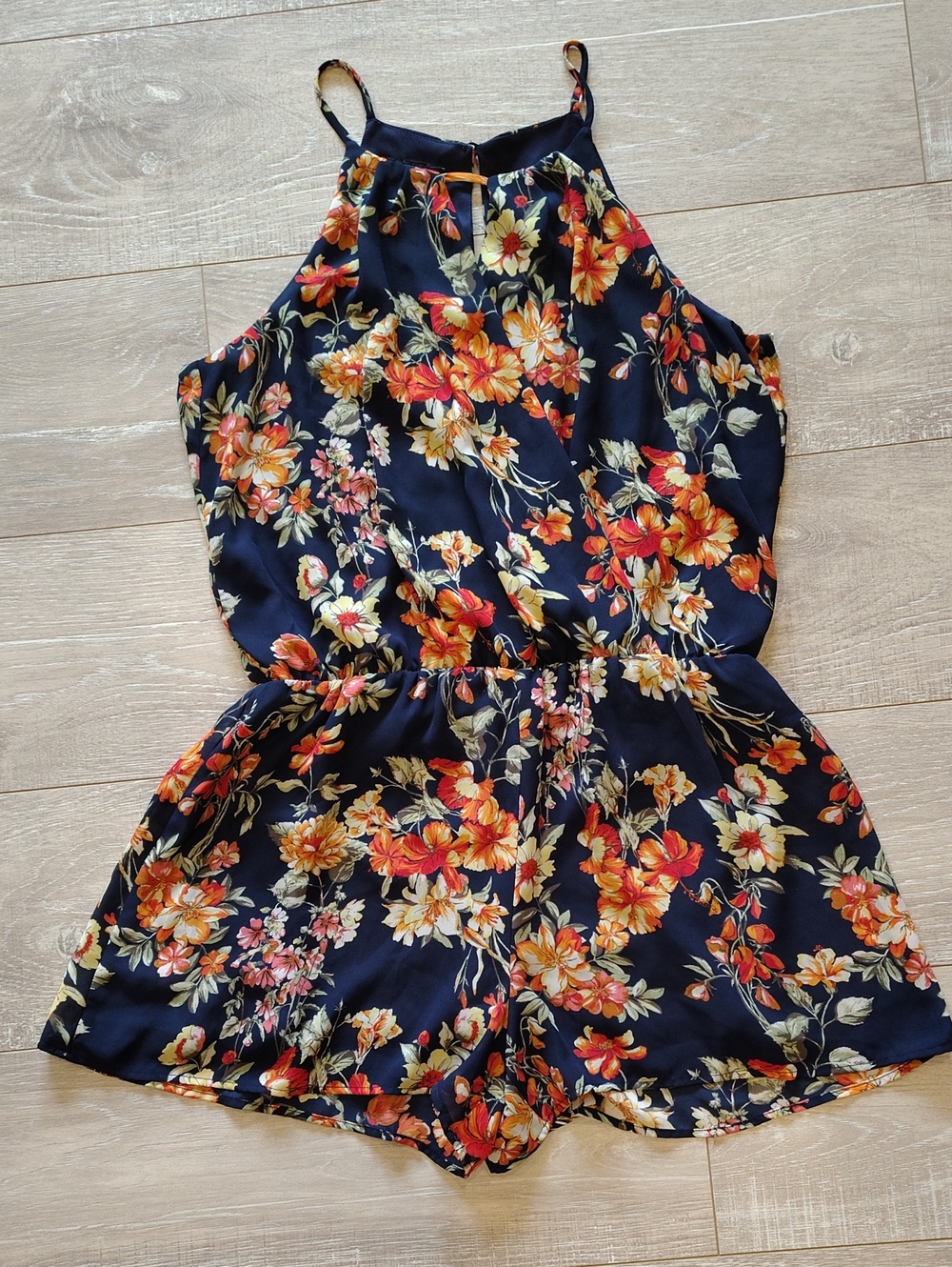 A. Byer Navy Floral Halter Romper with Orange & Cream Flowers - Women Tops